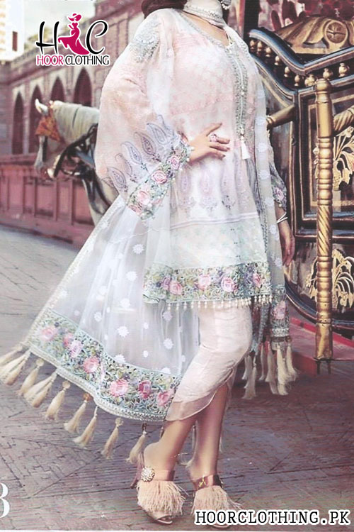 2 Piece White & Pink Color Heavy Embroidery Eid Wedding Wear Pure Chiffon Suite