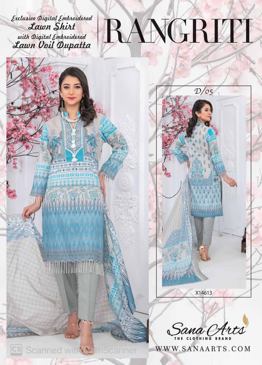 3pc Rangreti By Sana Arts Premium Digital printed Lawn women Dress With Voil Cutwork Duppata