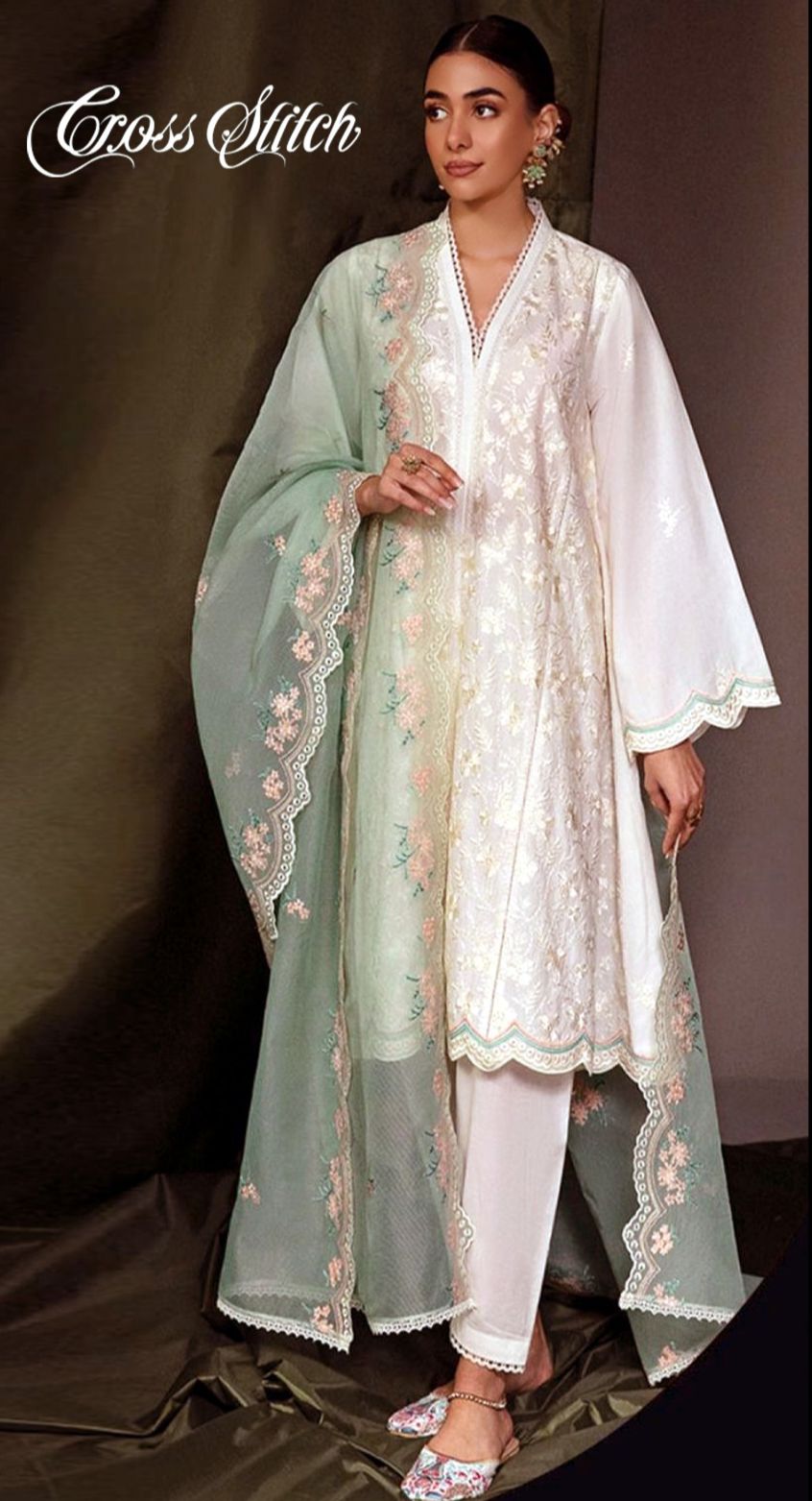 Cross Stitch Eid Lawn collection Women Embroidered Dress With Chiffon Dopatta