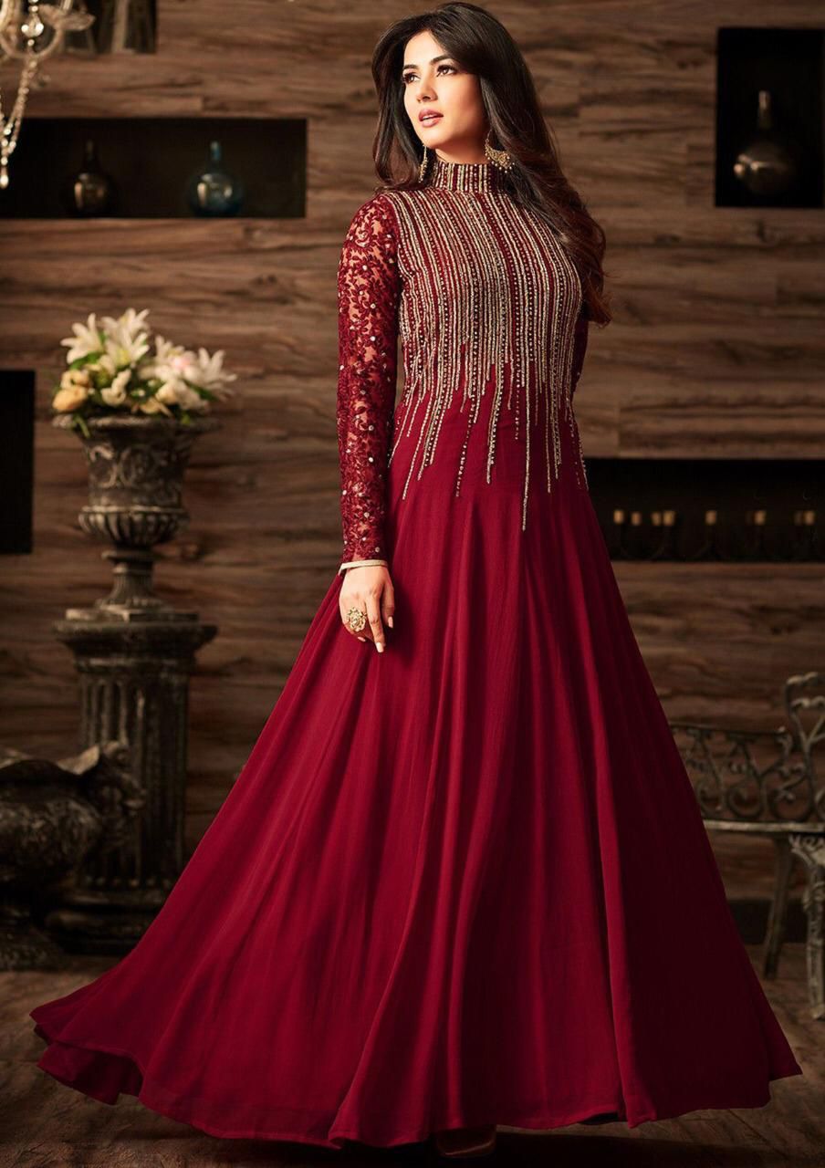 Wedding Wear Chiffon Indian Maxi For Women With Zari Embroidery Dopatta