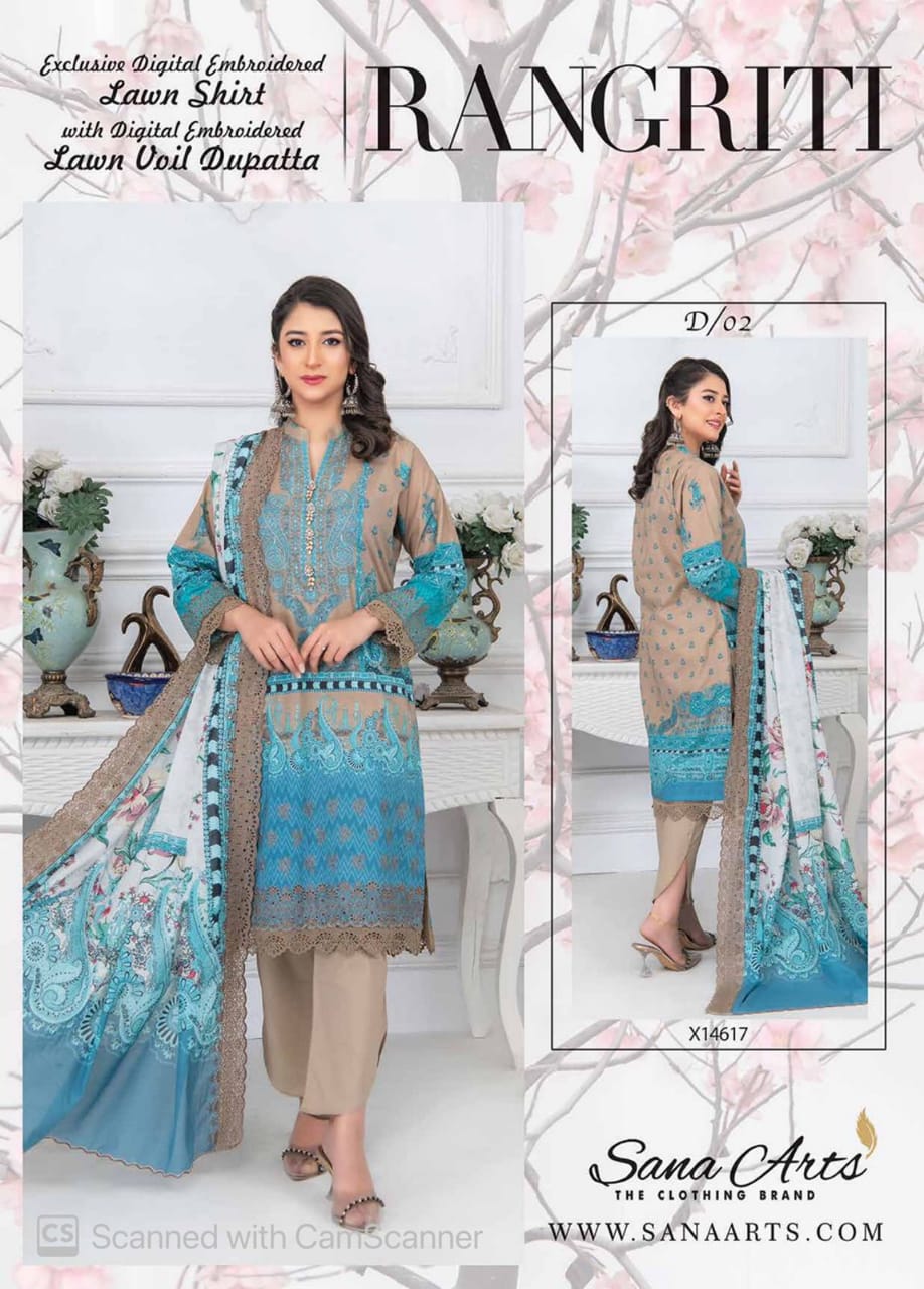 Women Branded Blue and Beige 3pc Digital printed Lawn Dress With Voil Cutwork Duppata